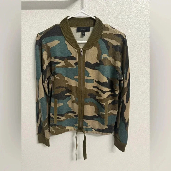 J. Crew Womens XS Green Camo Wool Blend Long Sleeves Full Zip Bomber Jacket NWT - Picture 3 of 9